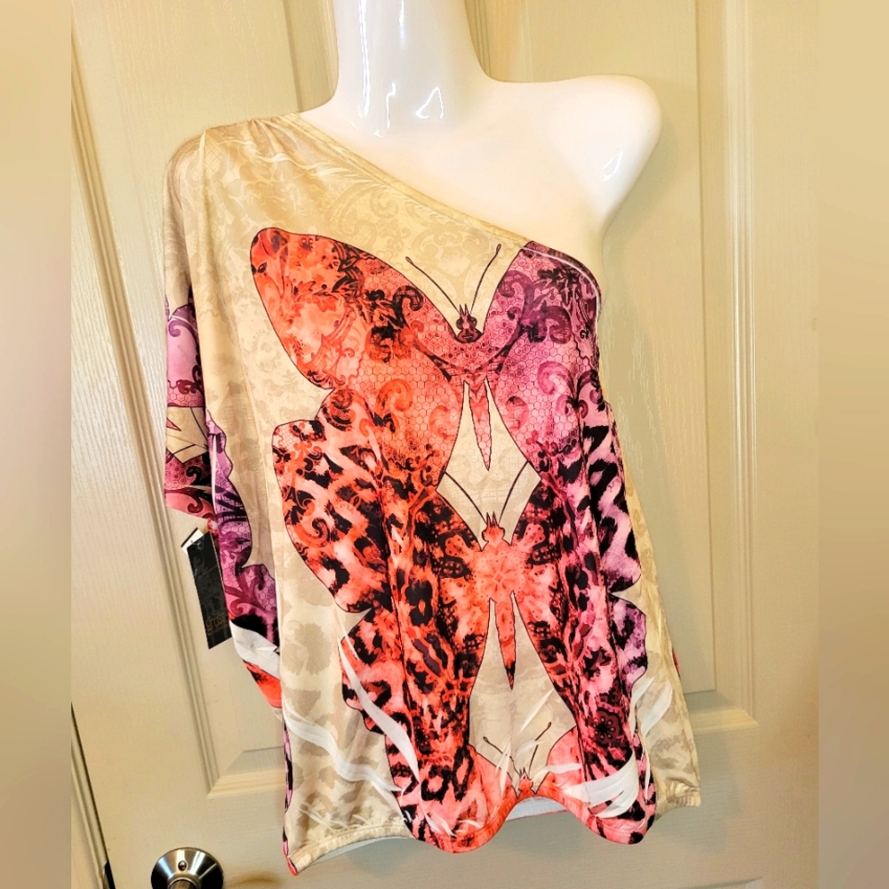 Grass Collection NWT Women's Butterfly Print Asymmetrical Blouse Size XL